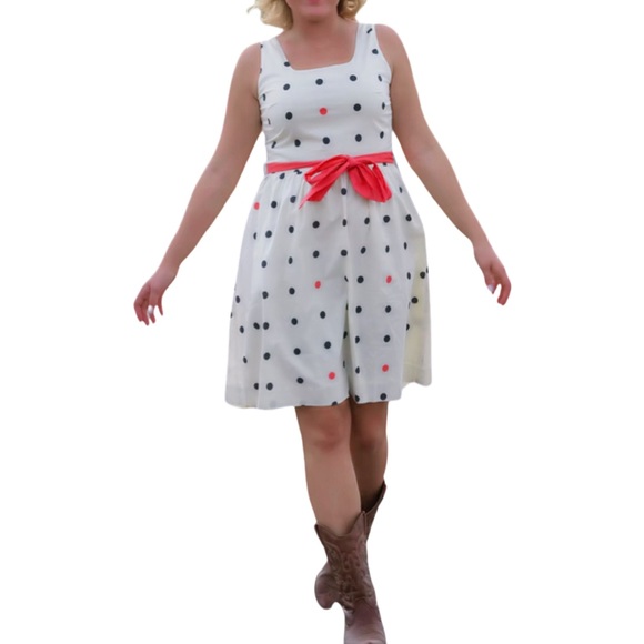 Garnet Hill A-Line Polka Dot Sleeveless Dress w/Tie Belt in Cream Size 6 - Picture 5 of 13